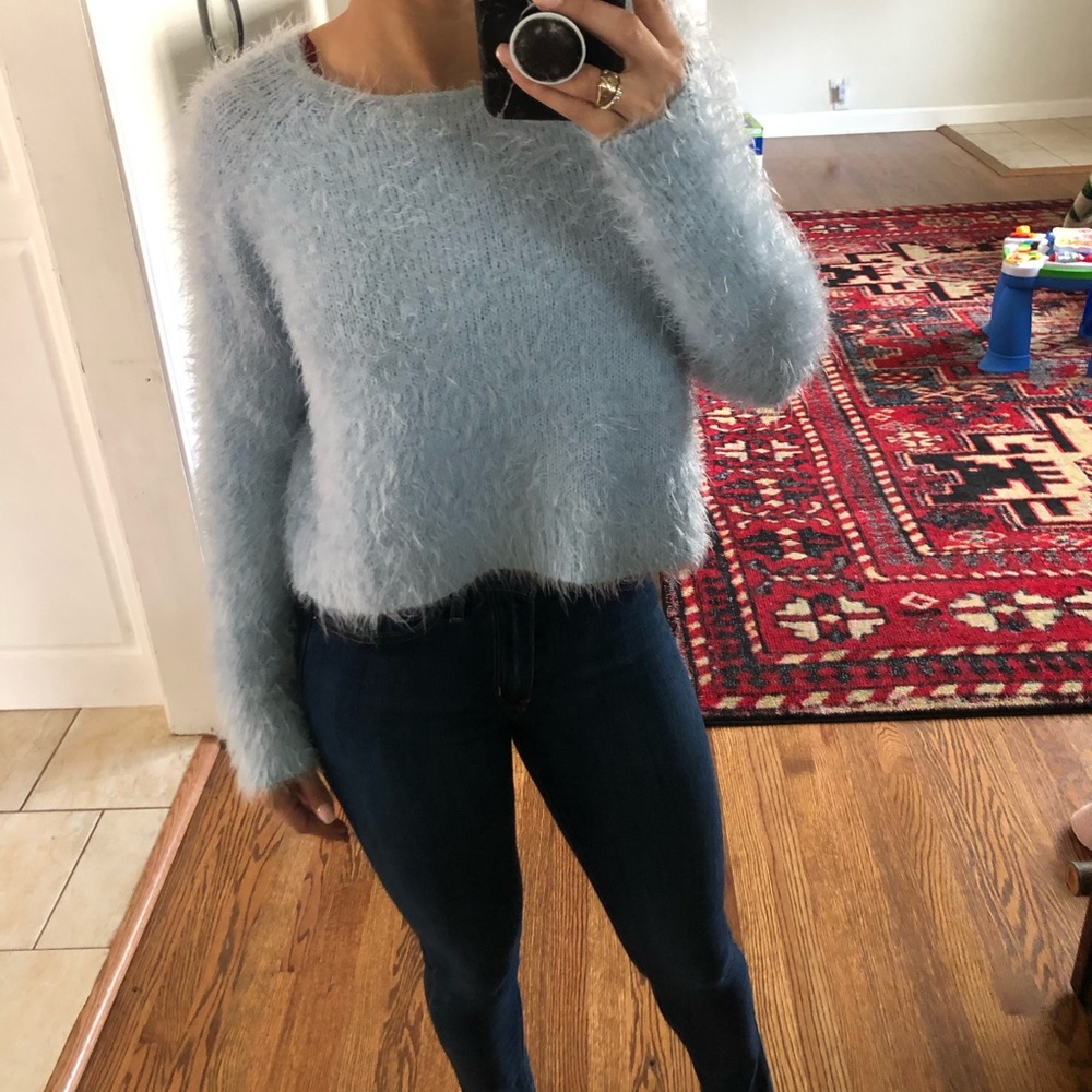 Blue fuzzy crop top sweater
